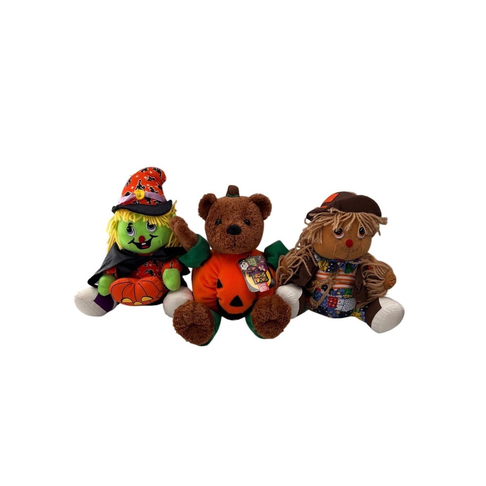 Set Of‎ 3 Halloween Plush Toys Gund Punkie Bear TL Toys Witch Scarecrow Pumpkin